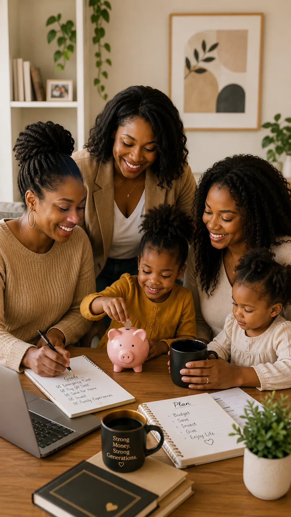 Confident mother reviewing family finances in a warm, welcoming home setting