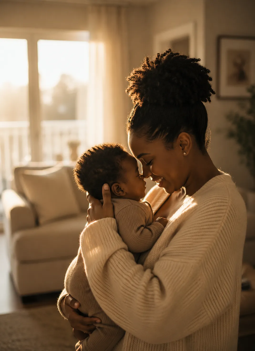 A mother holding her child with confidence