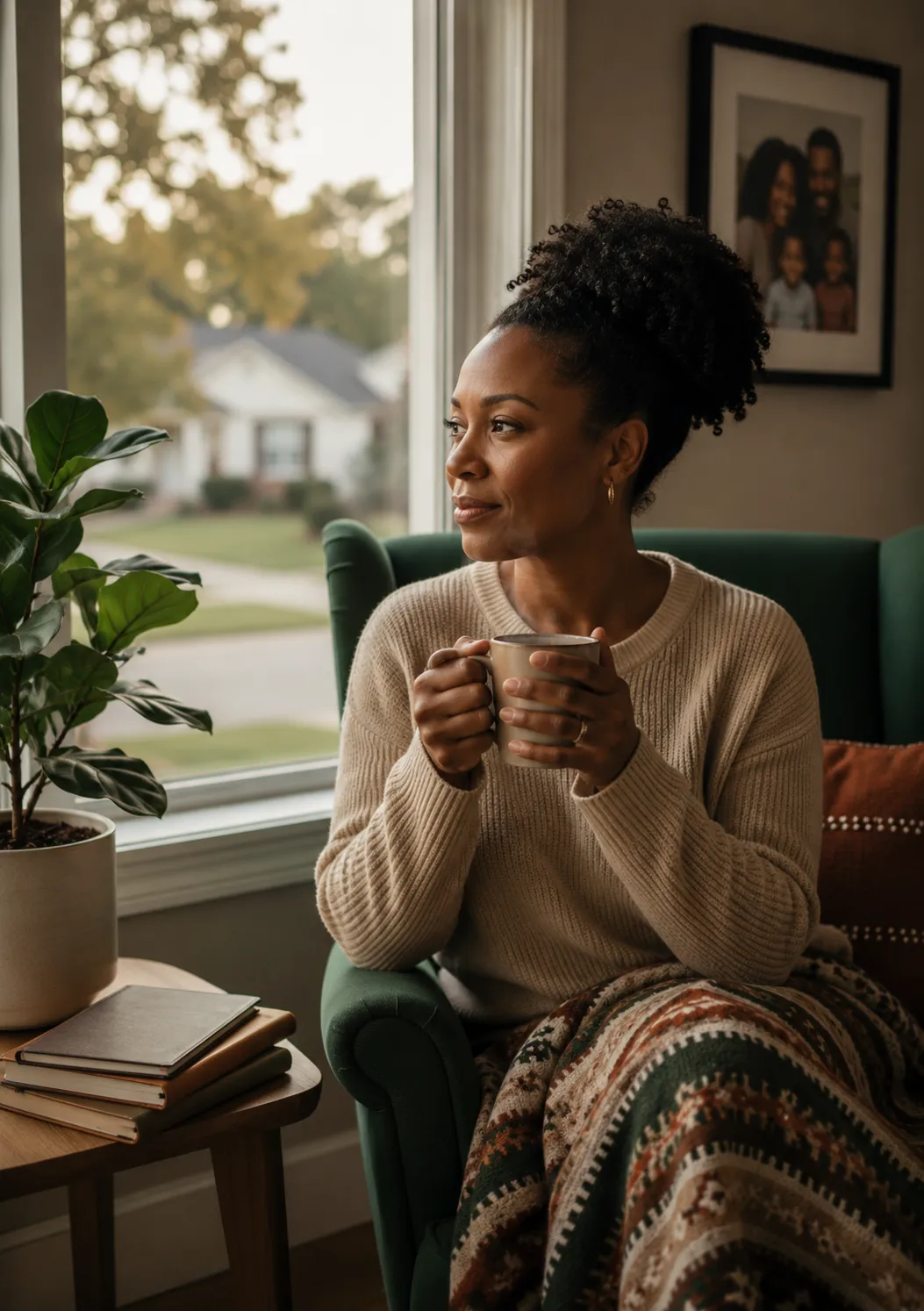 A mother looking thoughtful regarding household finances