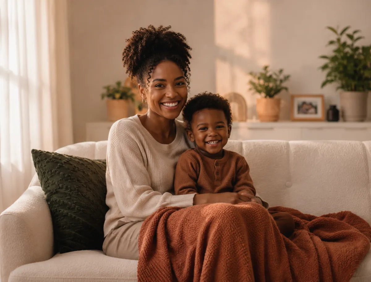 A mother and child smiling warmly in soft, natural light, representing family legacy and future security.