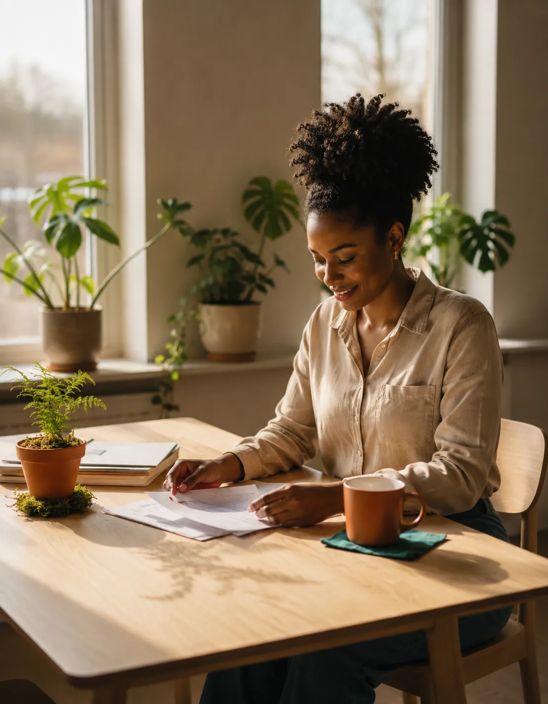 Mother reviewing finances calmly