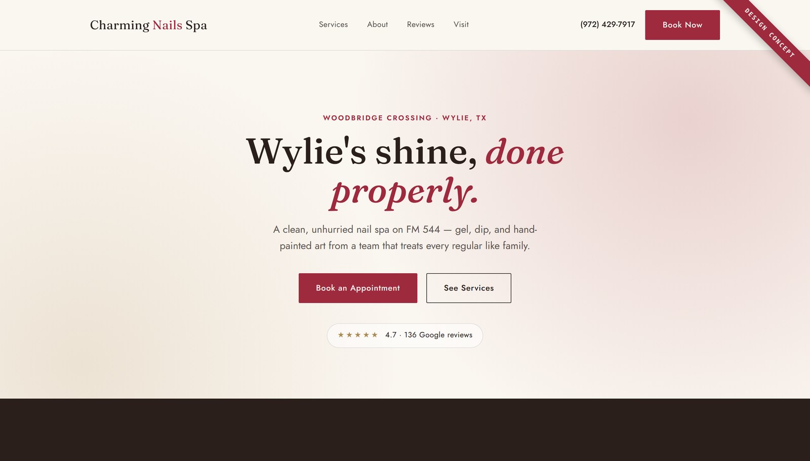 Charming Nails Spa nail salon website concept design by Top Elysian Digital