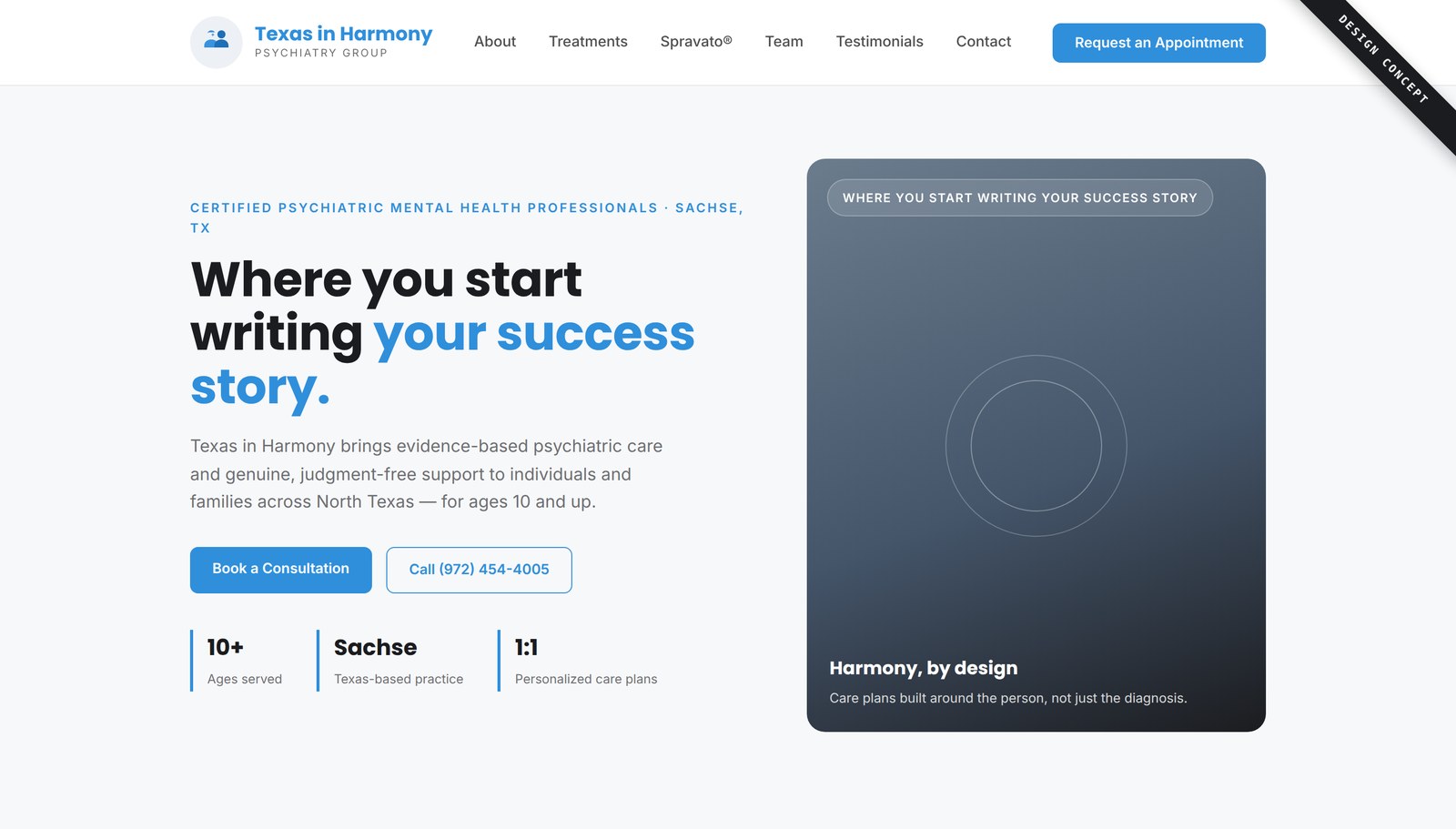 Texas in Harmony psychiatry practice website concept by Top Elysian Digital