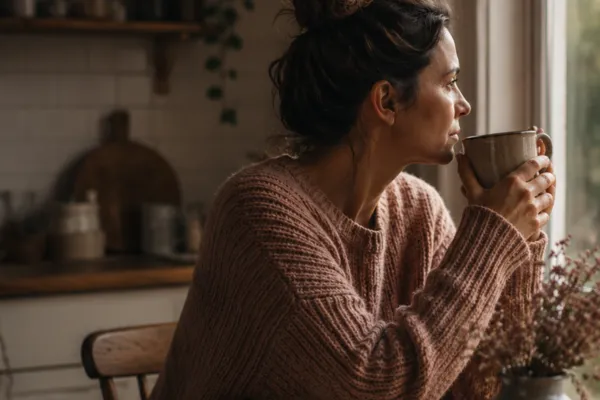 Woman sitting at kitchen table with coffee, looking out window, reflecting quietly