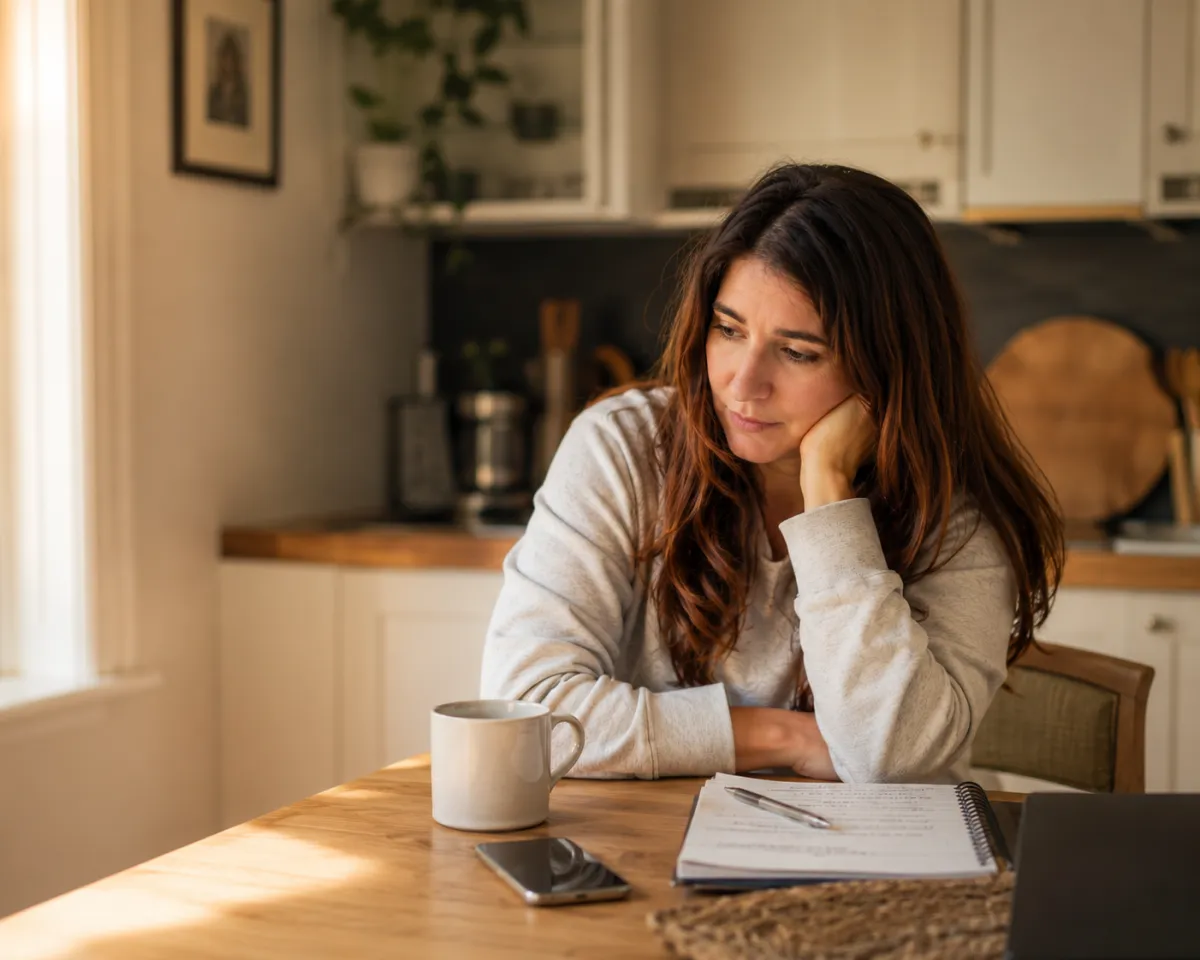 Woman sitting at a kitchen table with her hand resting on her chin, looking thoughtful and a little tired, soft warm light, real and unposed