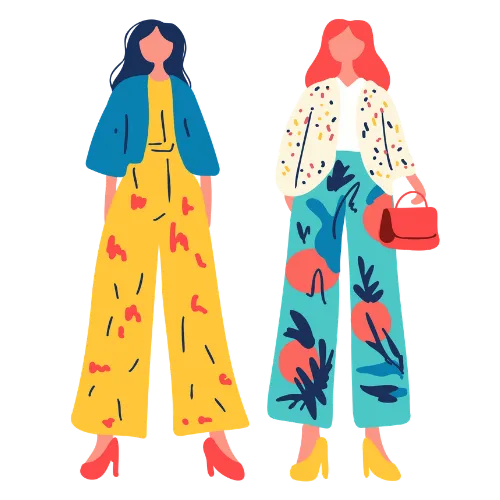 Two women wearing creative, accessorized outfits representing wardrobe transformation and personal style confidence