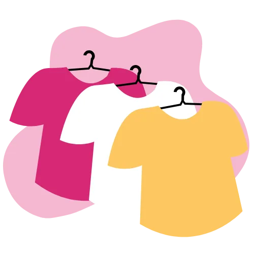 Three similar shirts in different colors hanging in a closet representing duplicate clothing purchases and closet full of clothes but nothing to wear