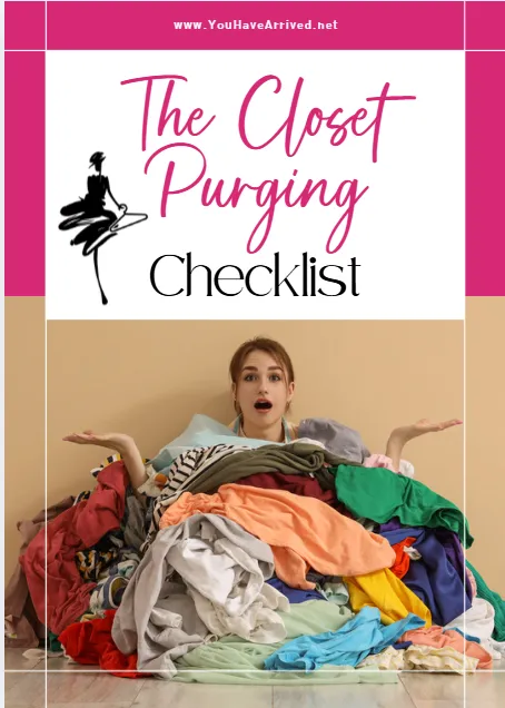 Cover of The Closet Purging Checklist featuring a woman sitting in a pile of clothes, symbolizing wardrobe overwhelm and the first step in closet transformation.