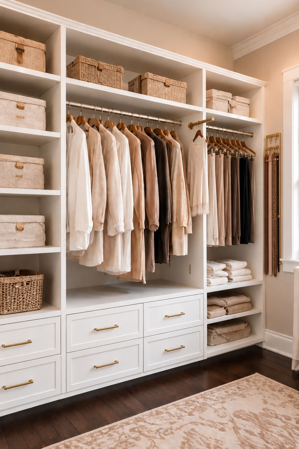 Organized custom closet with hanging clothes, drawers and shoe storage