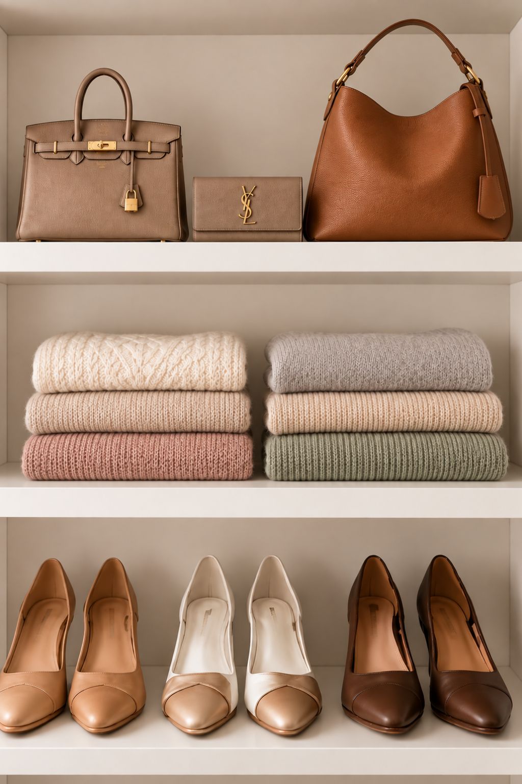 Wardrobe care and closet storage with folded sweaters, handbags and shoes