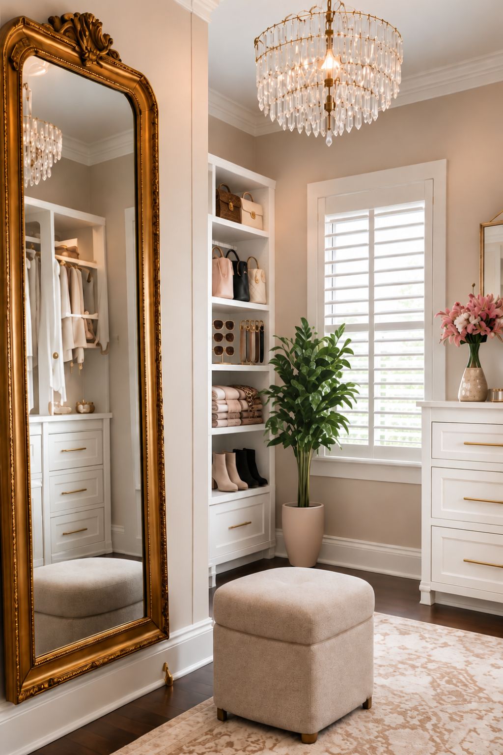 Boutique-style closet with full-length mirror, lighting and seating