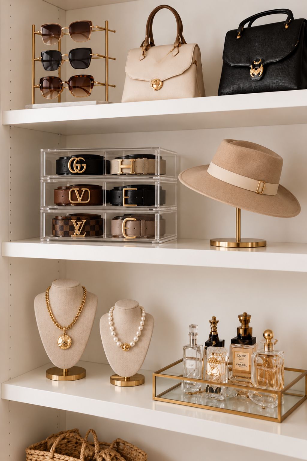 Boutique closet display with handbags, hats, jewelry and accessories