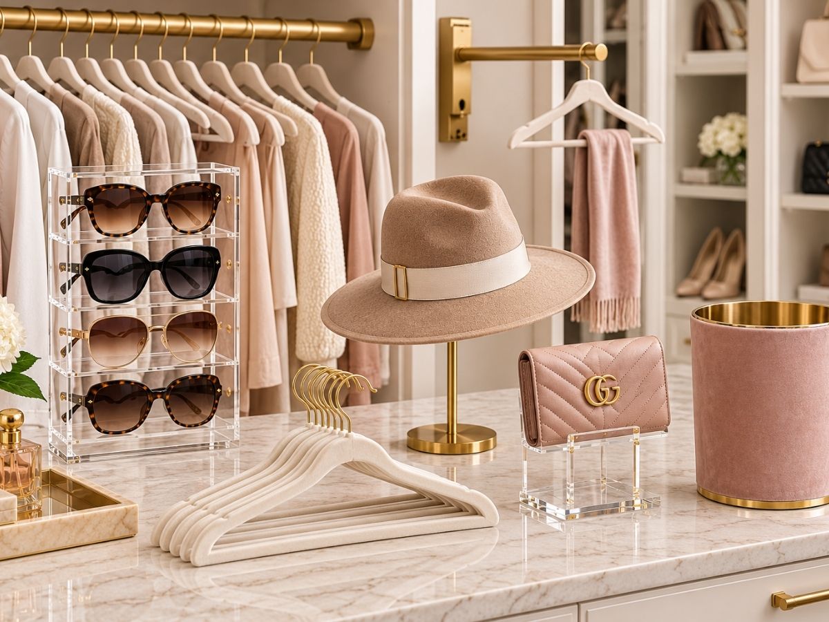 Curated closet organization accessories displayed in boutique-style closet