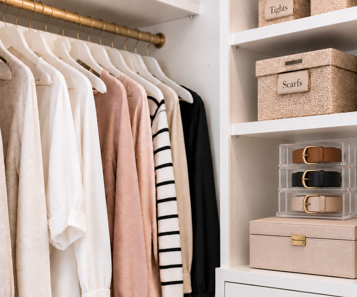 Organized women's closet with neutral clothing, shelves and labeled storage