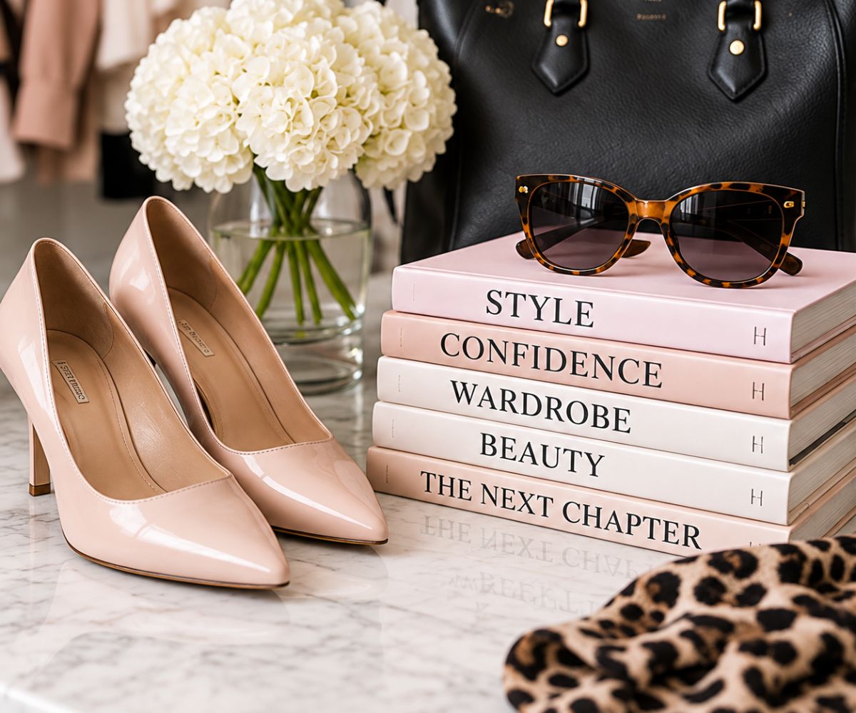 Personal style accessories with shoes, sunglasses and fashion books