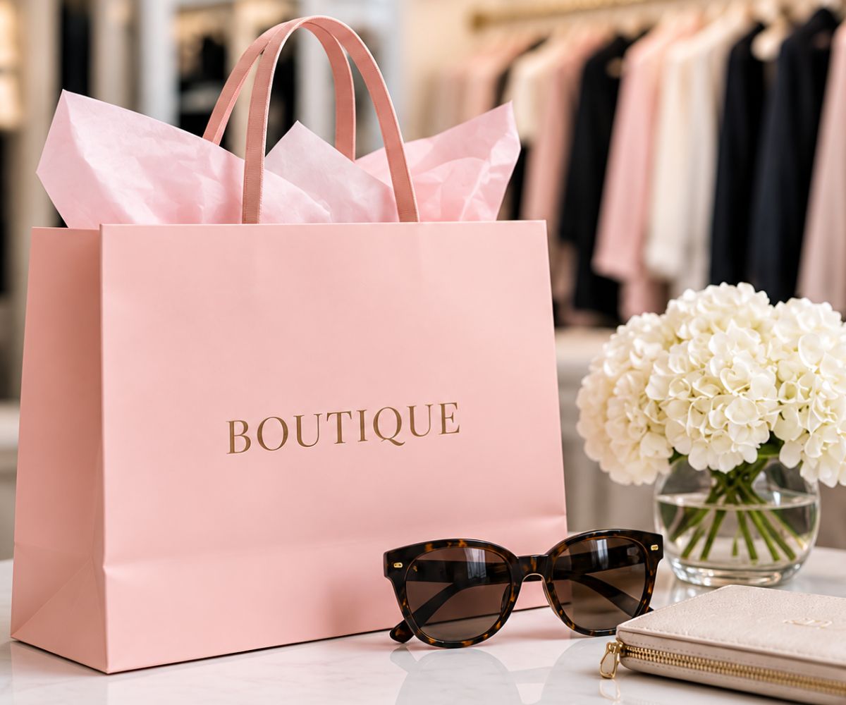 Pink boutique shopping bag with clothing and accessories