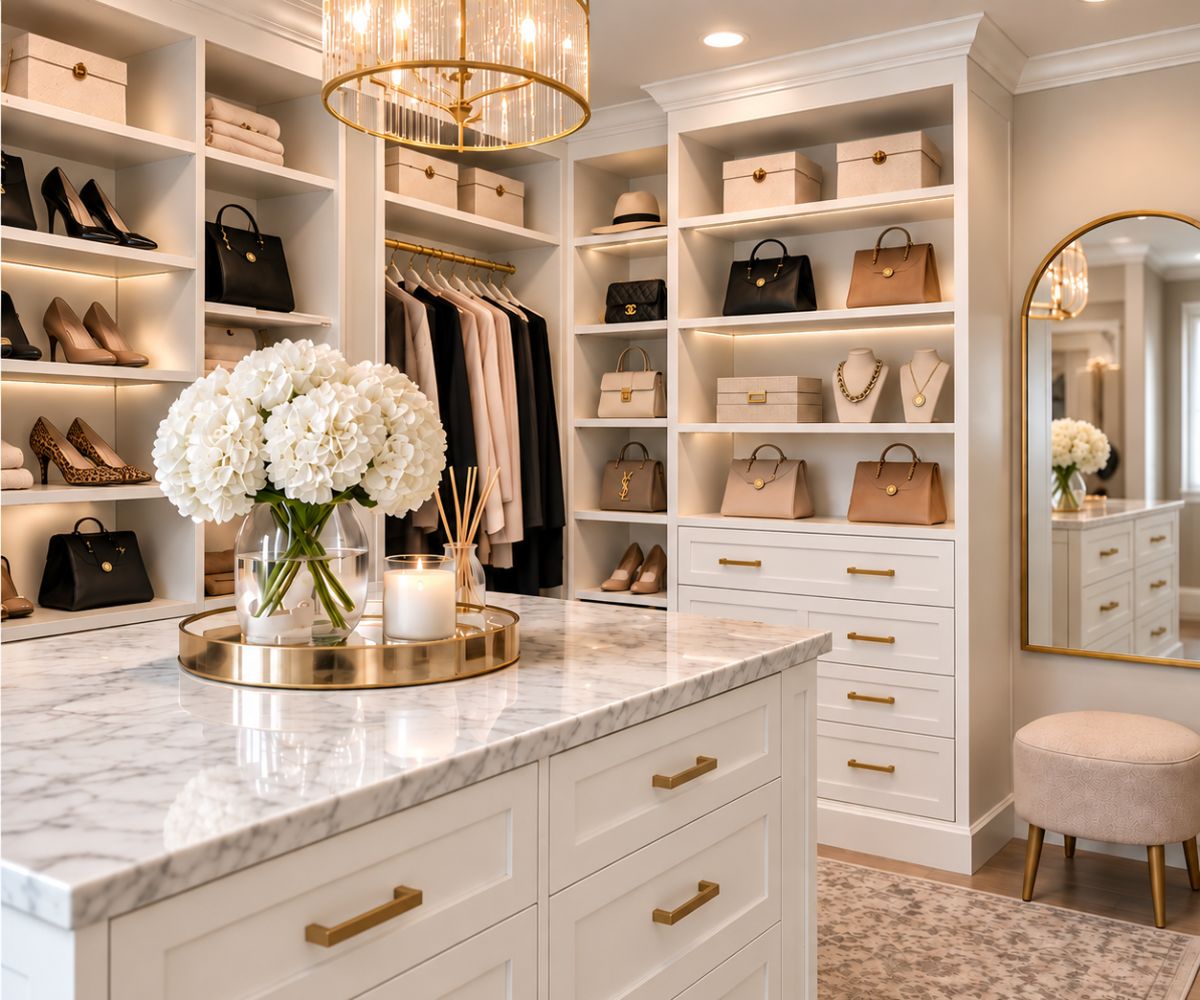 Custom walk-in closet with built-in storage, island and wardrobe displays