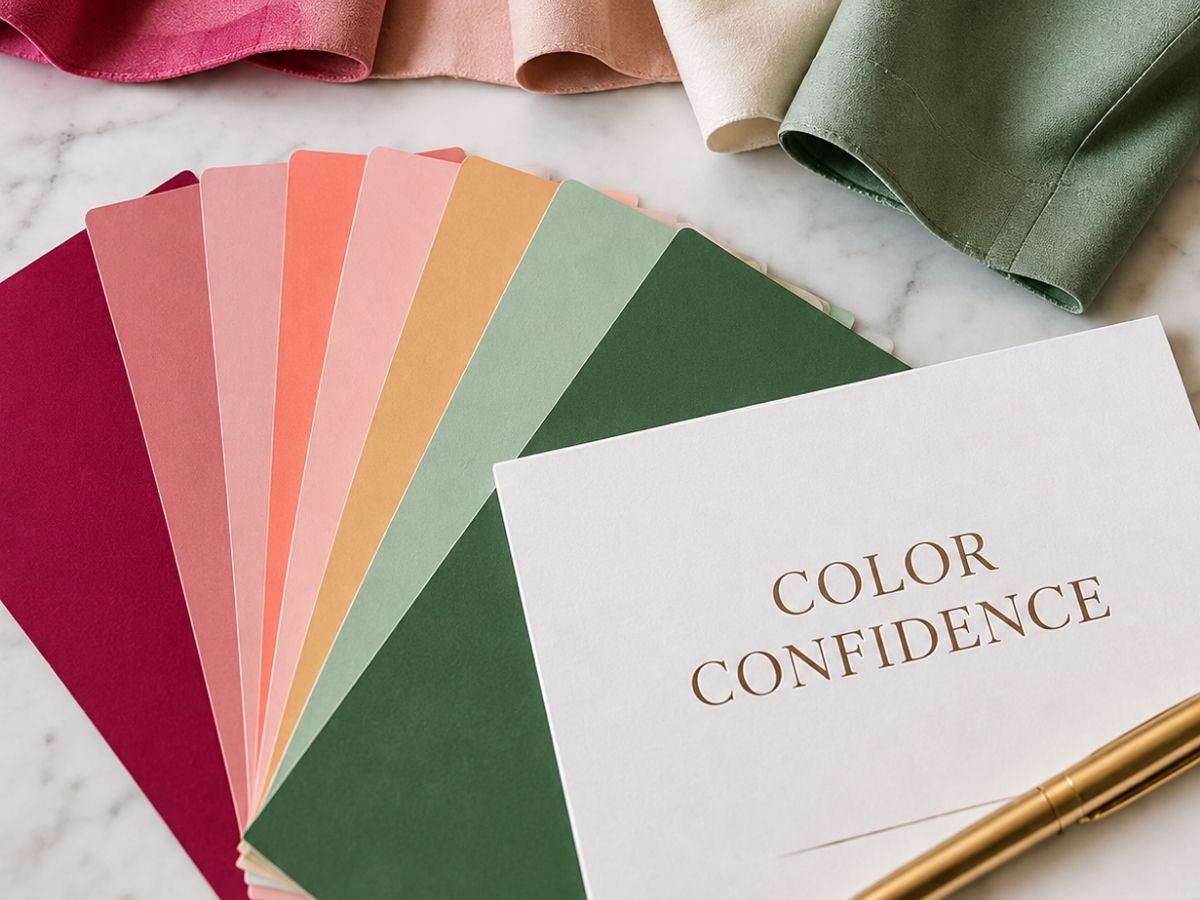 Personal color analysis swatches with clothing and Color Confidence guide