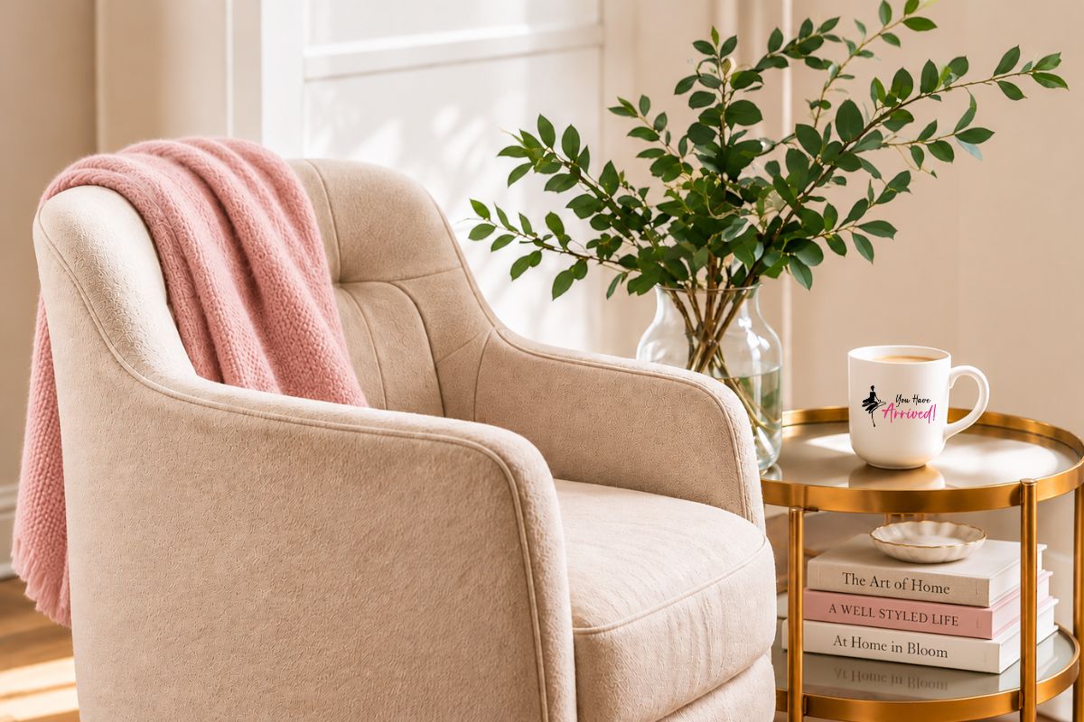 Cozy reading chair with pink throw beside a table with books