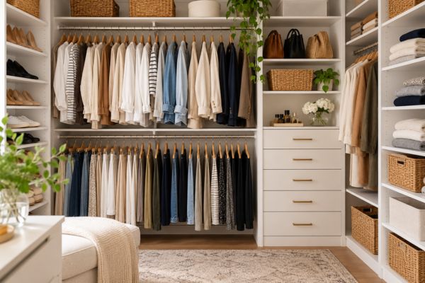Organized walk-in closet with clothing, shoes, handbags and accessories arranged by category