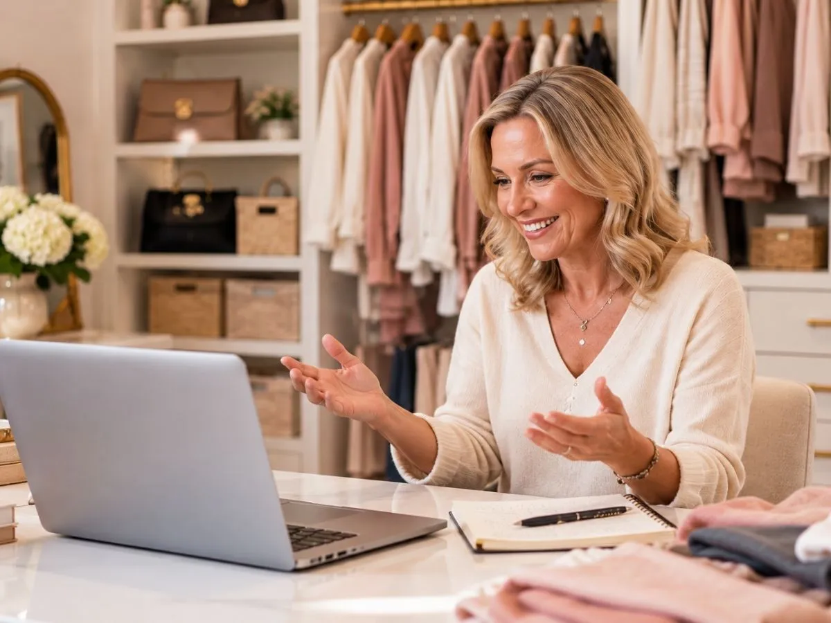 Woman participating in an online wardrobe coaching session from her home closet