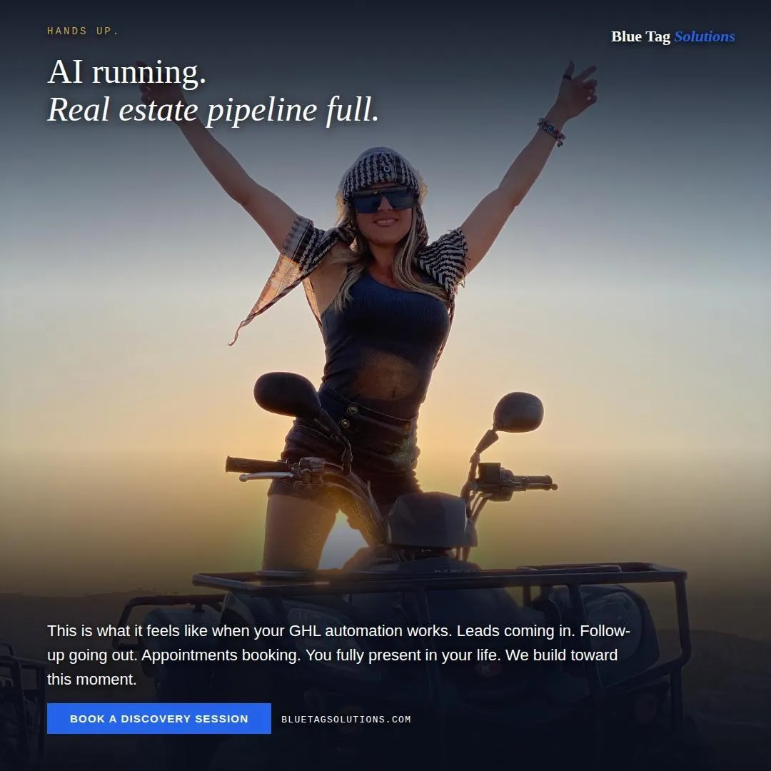Person on a motorcycle with arms raised at sunset, overlaid with text about AI running and a full real estate pipeline