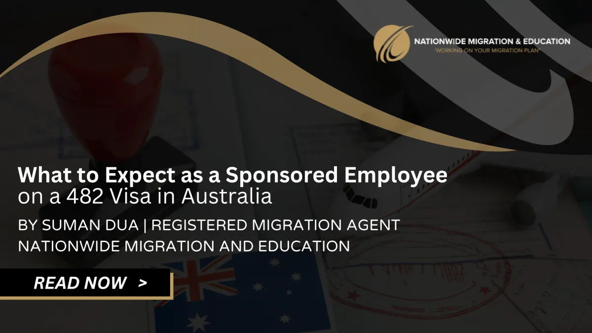 Sponsored worker starting employment in Australia on a 482 visa with documents and travel elements in background