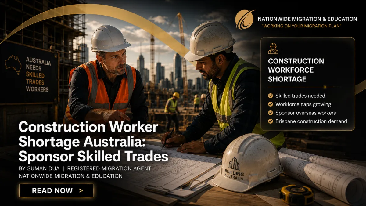 Construction workers and site supervisors reviewing building plans on an Australian construction site highlighting skilled trades shortages and employer sponsorship opportunities in Australia