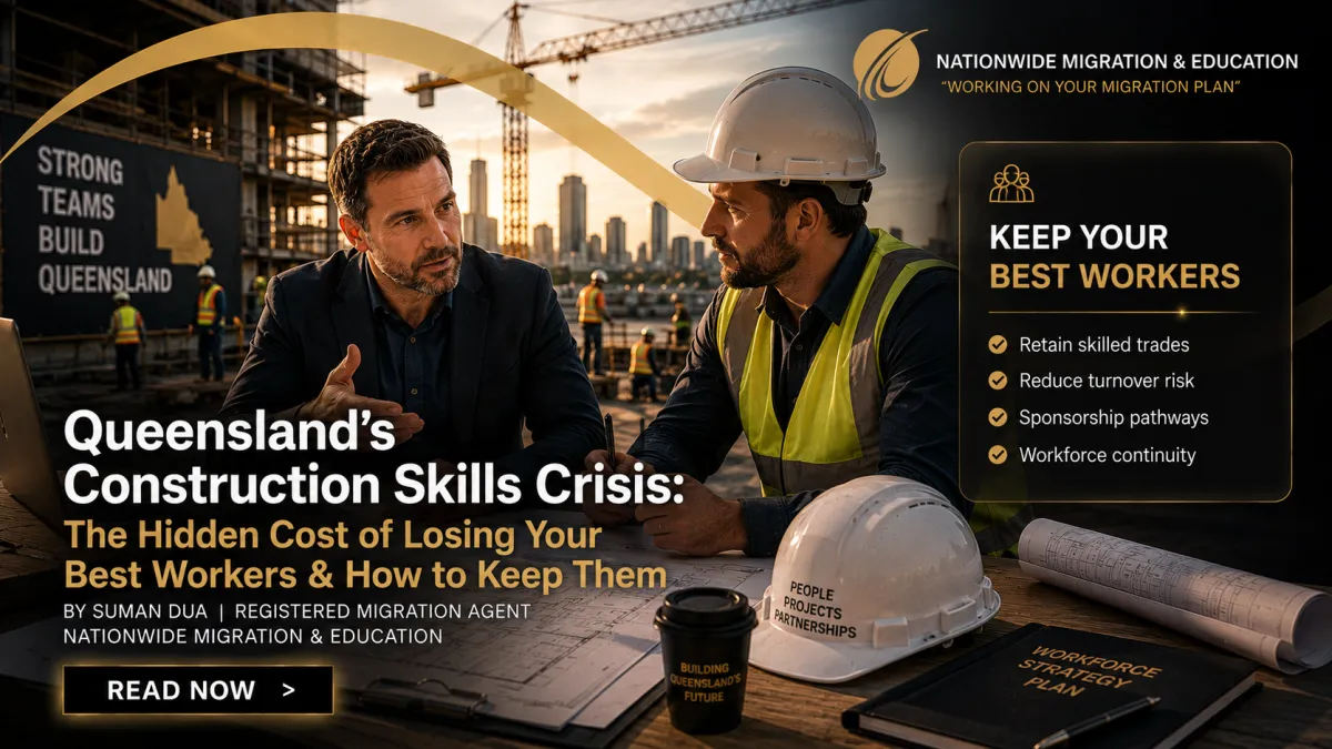 Construction company manager and skilled worker discussing workforce planning on a Queensland construction site highlighting construction labour shortages and employer sponsorship pathways in Australia