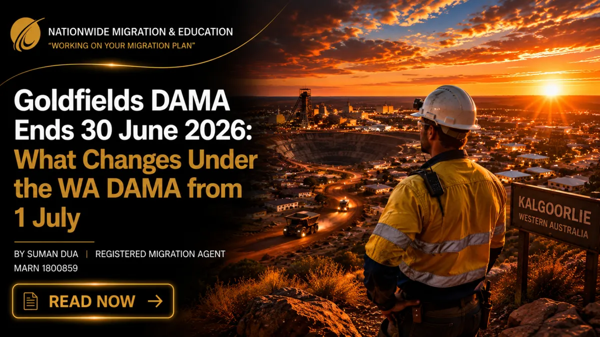Goldfields DAMA Ends 30 June 2026: What Changes Under the WA DAMA from 1 July blog cover featuring a mining worker overlooking Kalgoorlie, Western Australia at sunset, highlighting the transition from the Goldfields DAMA to the WA State-wide DAMA from 1 July 2026.