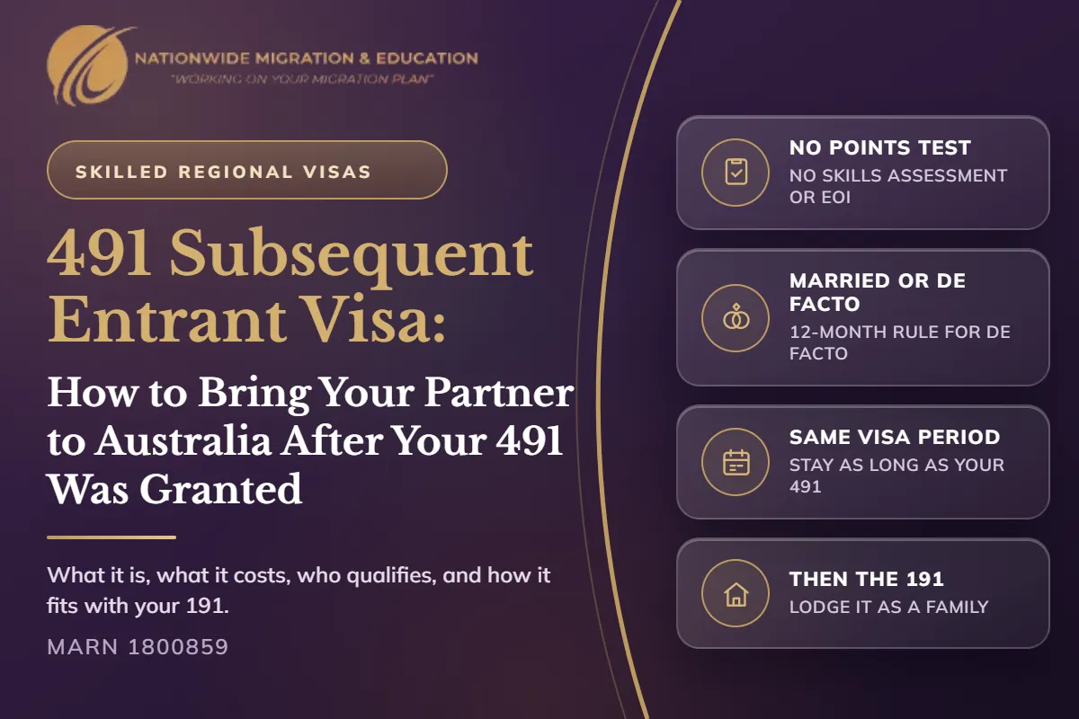 On a 491 and now married or de facto? Your partner can join you without points, a skills assessment or an EOI. Fees, English charge, timing and the 191. Talk to us.