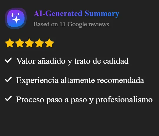 Resumen Generado por IA basado en 11 reseñas de Google, con una calificación de 5 estrellas, destacando 'Valor añadido y trato de calidad', 'Experiencia altamente recomendada' y 'Proceso paso a paso y profesionalismo', con un fondo oscuro vibrante.