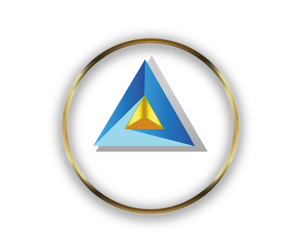 Logotipo oficial de MS Digital, la empresa madre, con un diseño triangular en tonos azul, amarillo y gris, enmarcado por un círculo dorado, representando innovación y profesionalismo, ubicado en la sección del footer para identidad de marca.