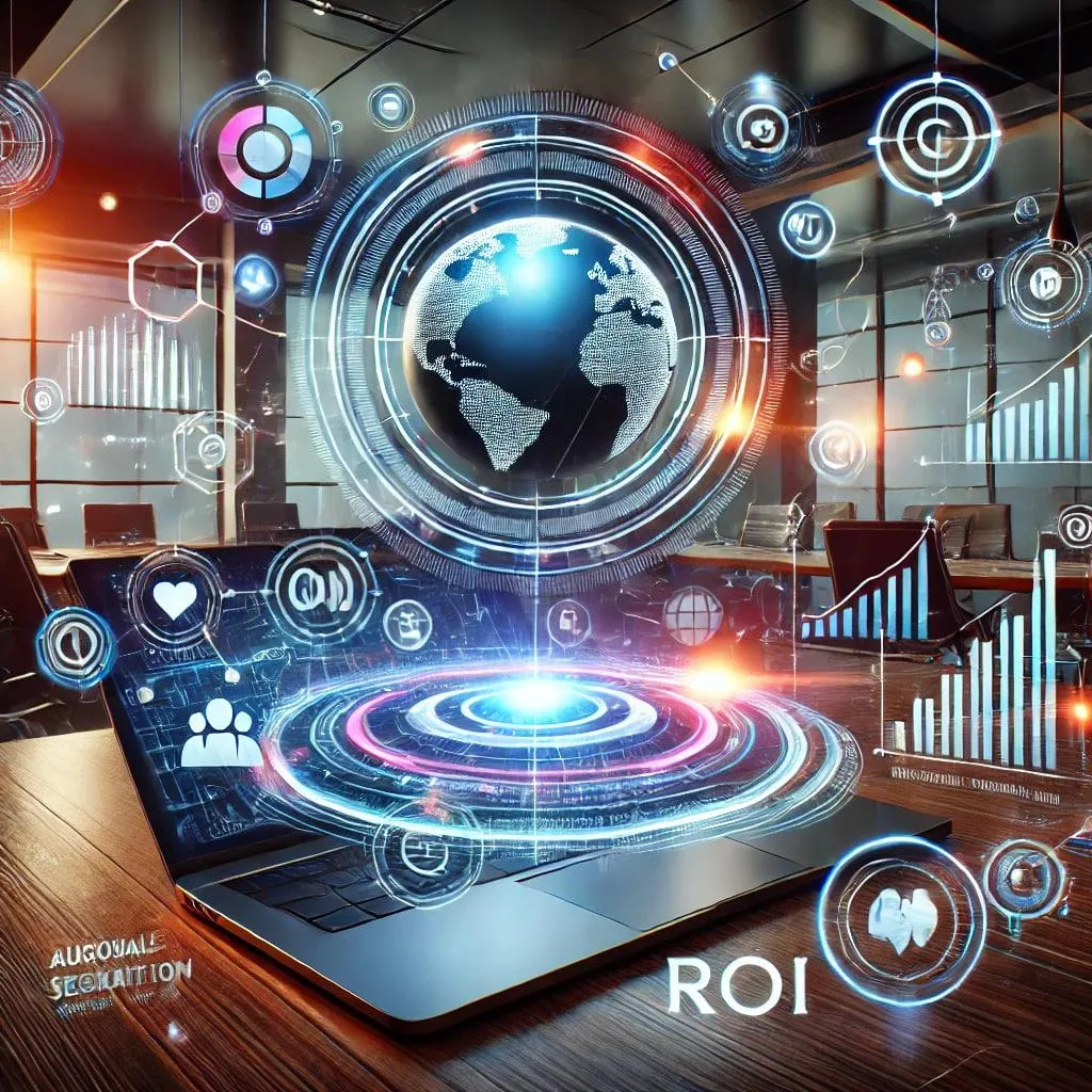 Imagen conceptual de estrategias de marketing digital personalizadas, con una laptop mostrando datos analíticos, un globo holográfico representando alcance global, y elementos flotantes como gráficos y símbolos relacionados con ROI y segmentación de audiencia. Fondo moderno con iluminación vibrante que enfatiza innovación y soluciones a medida en marketing.