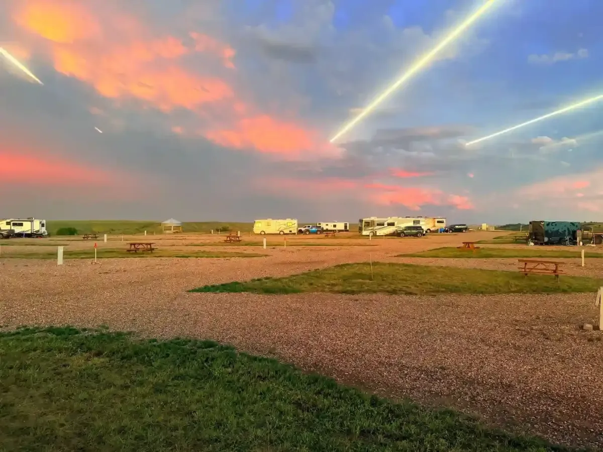 Dramatic evening clouds and colorful skies above RV campsites at SOBO's Campground.