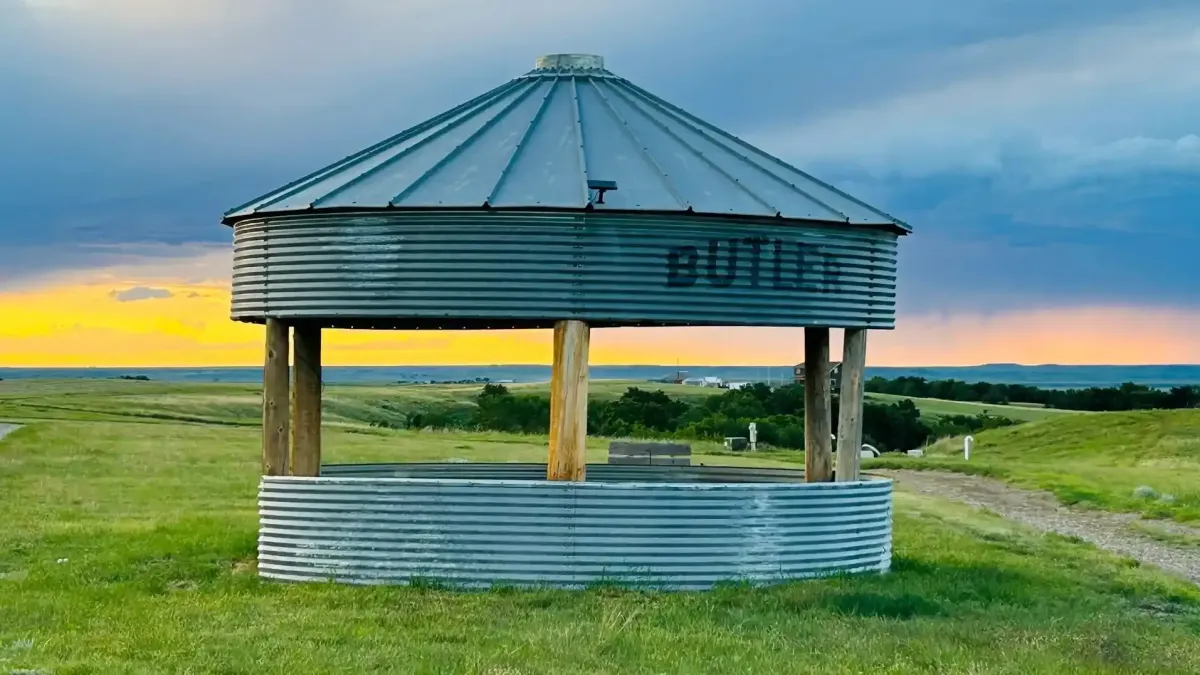 Close-up of the historic grain bin gazebo offering panoramic views at SOBO's Campground.