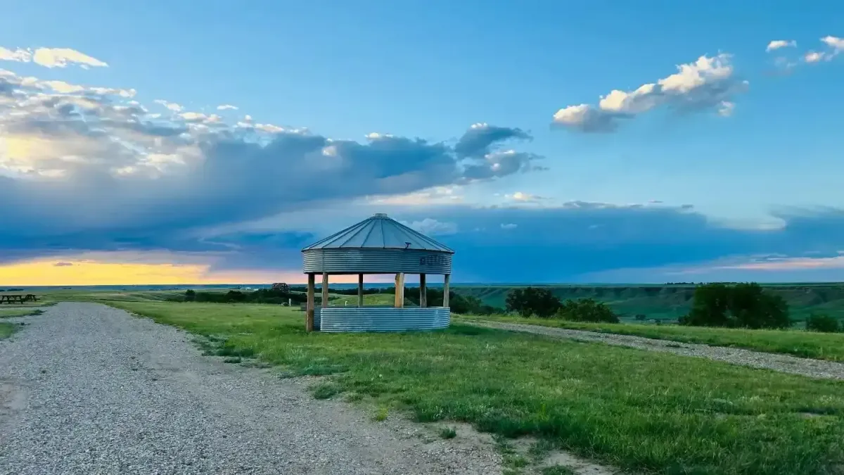 Restored grain bin gazebo overlooking the Badlands at SOBO's Campground in Scenic, South Dakota.