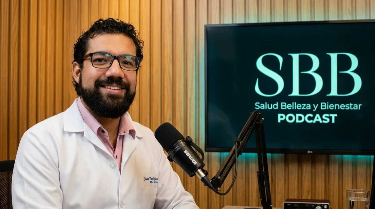 Un profesional médico con barba, gafas y bata blanca sonríe mientras participa en una sesión de estudio para el podcast "SBB Salud Belleza y Bienestar", con un micrófono Shure profesional frente a él y una pantalla de fondo que muestra el logo del programa
