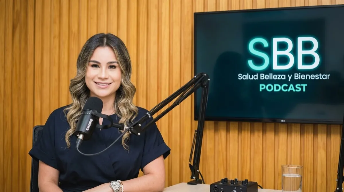 Una profesional con cabello castaño ondulado y pijama médica azul marino sonríe sentada en el estudio de grabación del podcast "SBB Salud Belleza y Bienestar", frente a un micrófono Shure profesional y con la pantalla del programa de fondo sobre una pared de listones de madera.