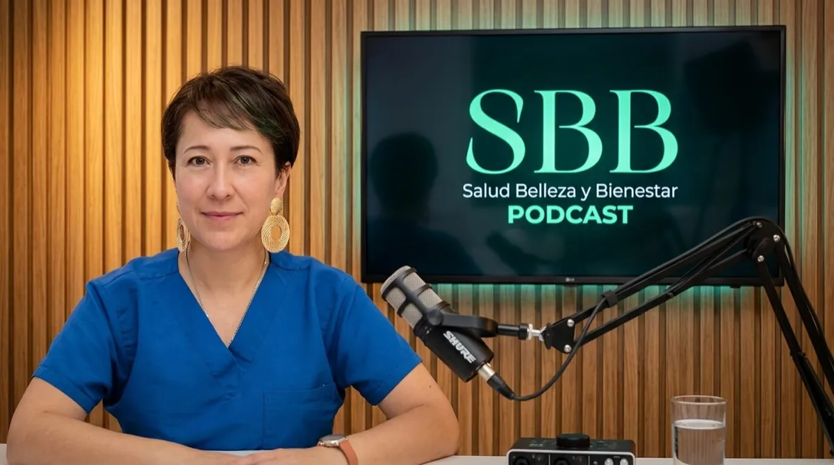 Portada del podcast SBB (Salud Belleza y Bienestar) en un estudio profesional con una pared de listones de madera cálida. A la izquierda, una profesional de la salud vestida con uniforme médico azul; a la derecha, una pantalla de televisión muestra el logo oficial "SBB Salud Belleza y Bienestar PODCAST" junto a un micrófono Shure sobre un brazo articulado.