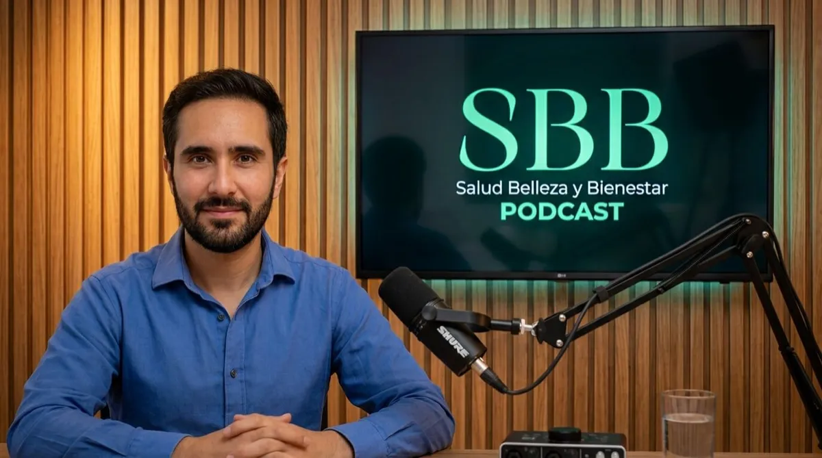 Portada horizontal para el podcast SBB (Salud Belleza y Bienestar) en un set de estudio profesional con fondo de madera cálida. A la izquierda, un hombre de camisa azul mira a la cámara; a la derecha, una pantalla muestra el logo del podcast iluminado junto a un micrófono Shure sobre un brazo articulado.