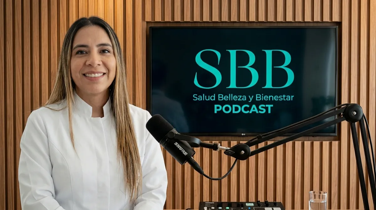 Retrato en plano medio de una doctora sonriente con cabello largo liso marrón con mechas rubias, vistiendo una bata médica blanca. Está sentada en el set de un estudio de grabación de podcast con un micrófono profesional Shure frente a ella. Al fondo, una pared de listones de madera clara sostiene una pantalla de televisión en la que se observa el logo "SBB - Salud Belleza y Bienestar PODCAST" iluminado en letras verdes sobre un fondo oscuro.