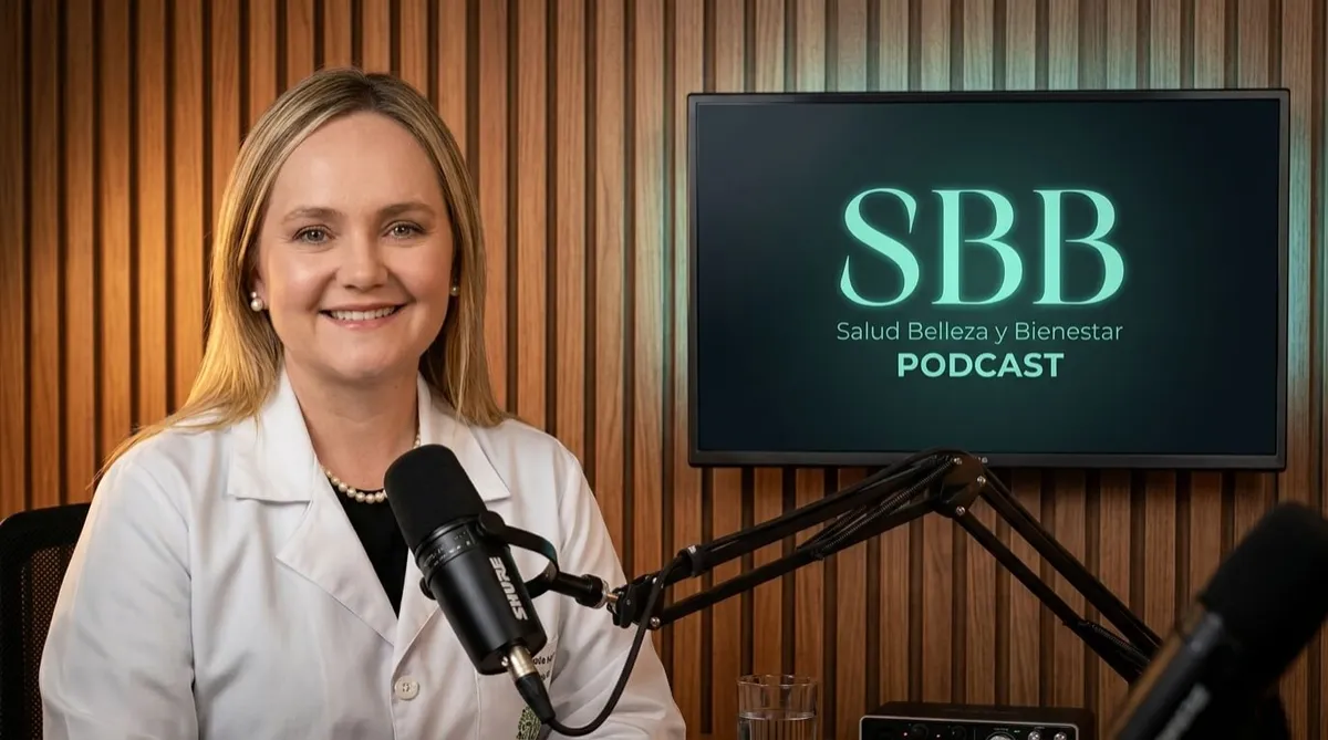 Una doctora de cabello rubio con bata médica blanca sonriendo en un estudio de podcast, con un micrófono profesional al frente y una pantalla con el logo "SBB Salud Belleza y Bienestar PODCAST" al fondo sobre una pared de listones de madera