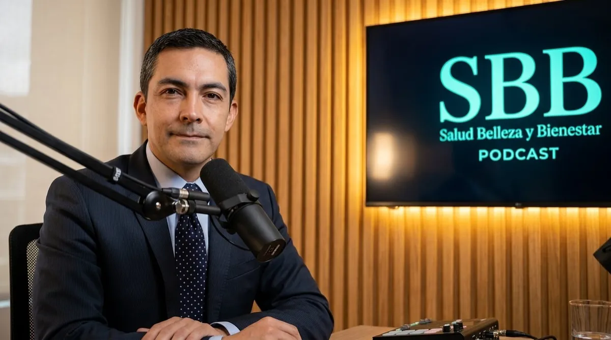 Un doctor de traje formal con camisa clara y corbata azul a lunares blancos, sentado en un estudio de podcast frente a un micrófono profesional, con la pantalla del logo "SBB Salud Belleza y Bienestar PODCAST" al fondo sobre una pared de listones de madera