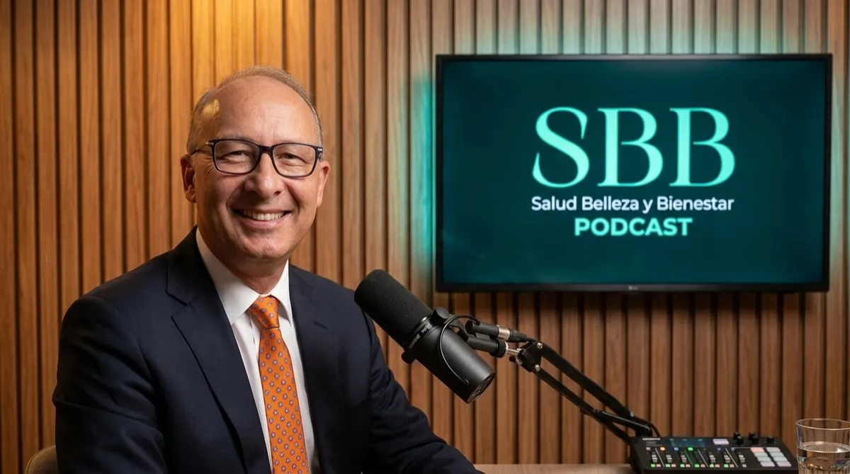 Doctor sonriente con traje azul marino, gafas y corbata anaranjada sentado en un estudio de podcast sobre un fondo de pared de madera, junto a un micrófono Shure y una pantalla con el logo 'SBB Salud Belleza y Bienestar Podcast