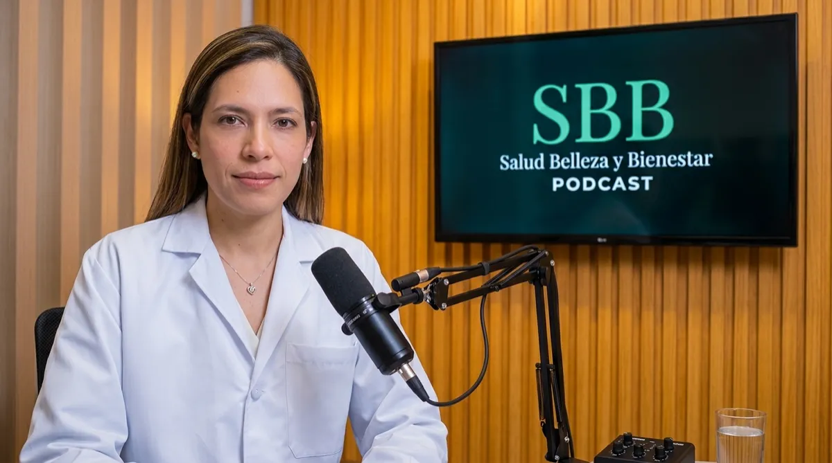 Plano medio de una doctora profesional, con bata blanca y el cabello largo castaño, sentada en un set de podcast con fondo de listones de madera. Sonríe a la cámara mientras un micrófono profesional está posicionado cerca de ella. A su derecha, una pantalla de TV encendida muestra el logo del podcast en verde turquesa sobre fondo oscuro, con el monograma SBB, y debajo el texto 'Salud Belleza y Bienestar' y 'PODCAST