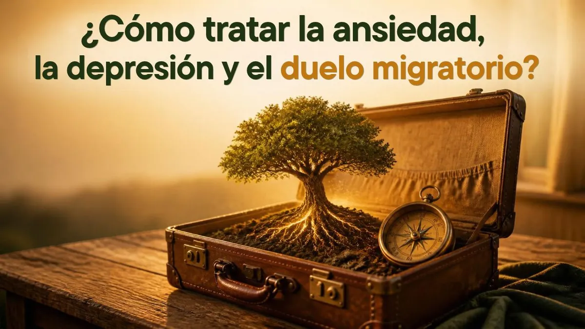 Ilustración conceptual sobre cómo tratar la ansiedad, la depresión y el duelo migratorio, con una maleta abierta que alberga un árbol con raíces fuertes y una brújula en su interior, simbolizando la adaptación y la salud mental. Incluye el título del artículo de la psiquiatra Dra. Mónica Suárez en Ibagué.