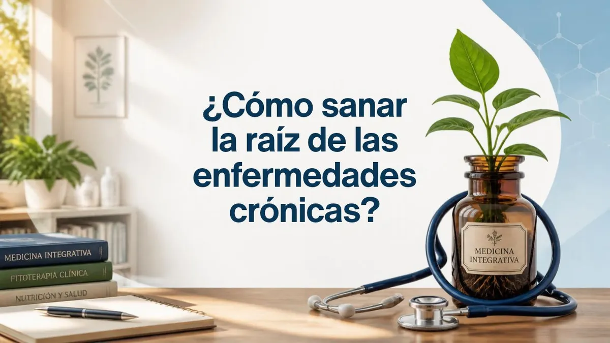 Consultorio de medicina integrativa en Barranquilla con un estetoscopio y una planta brotando de un frasco de boticario, representando el abordaje integral y la biodecodificación clínica de enfermedades crónicas.