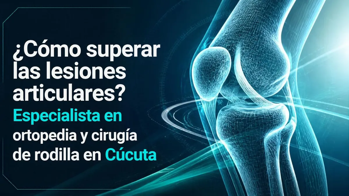 Representación tridimensional avanzada de la biomecánica de una articulación de rodilla con líneas de fuerza ligamentosas sobre un fondo médico azul oscuro, que acompaña al artículo sobre cirugía ortopédica en Cúcuta.