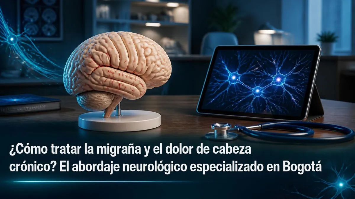 Modelo anatómico del cerebro humano y gráfico de red neuronal en un consultorio médico moderno en Bogotá para el artículo sobre cómo tratar la migraña y el dolor de cabeza crónico.
